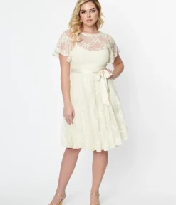 Unique Vintage Swing|Everyday Dresses>1930s Ivory Floral Lace Bridal Swing Dress
