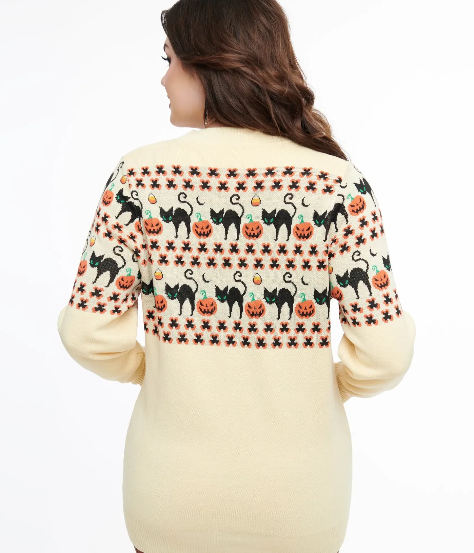 Unique Vintage Sweaters & Cardigans>1960s Ivory & Orange Halloween Print Cardigan