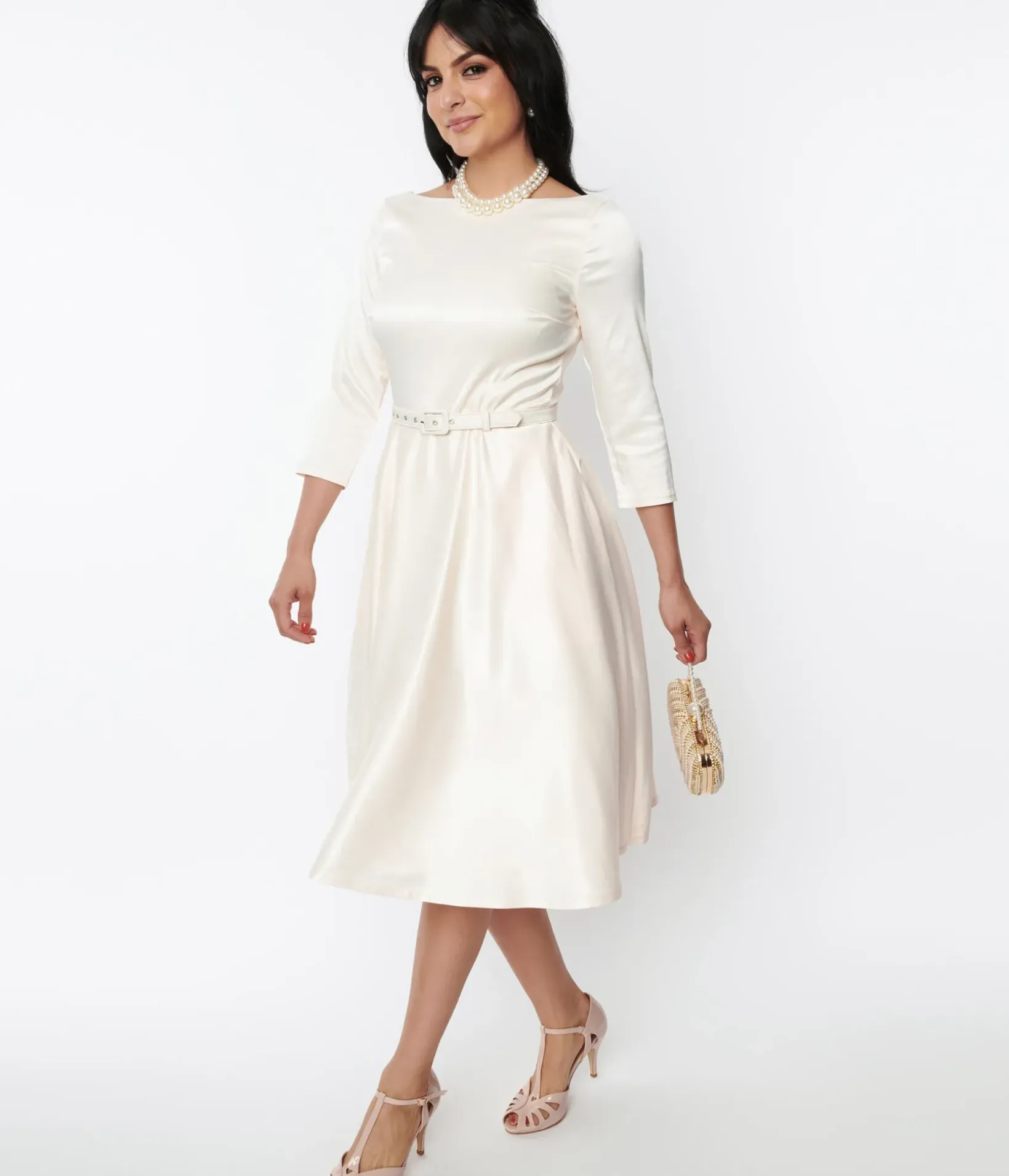 Unique Vintage Swing|Everyday Dresses>1950s Ivory Satin Devon Swing Dress
