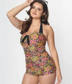 Unique Vintage One Piece Swim>1960s Kaleidoscope Floral Pismo Romper Swimsuit