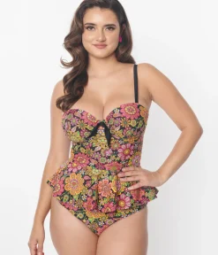 Unique Vintage Swim Tops|Two Piece Swim>1960s Kaleidoscope Floral Solana Tankini Swim Top
