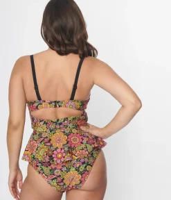 Unique Vintage Swim Tops|Two Piece Swim>1960s Kaleidoscope Floral Solana Tankini Swim Top