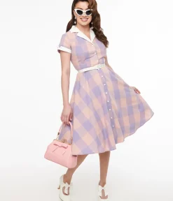 Unique Vintage Swing|Pocket Dresses>1950s Lavender & Pink Gingham Cotton Alexis Swing Dress