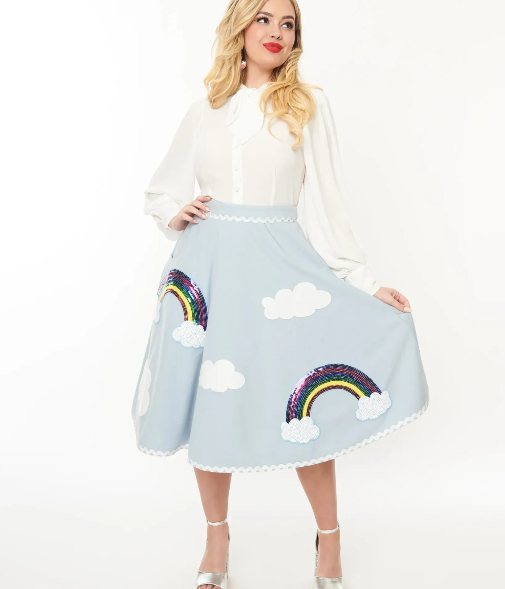 Unique Vintage Skirts|Pride>1950s Light Blue & Rainbow Sequin Soda Shop Swing Skirt