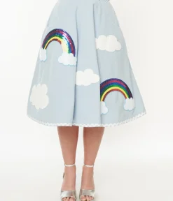 Unique Vintage Skirts|Pride>1950s Light Blue & Rainbow Sequin Soda Shop Swing Skirt