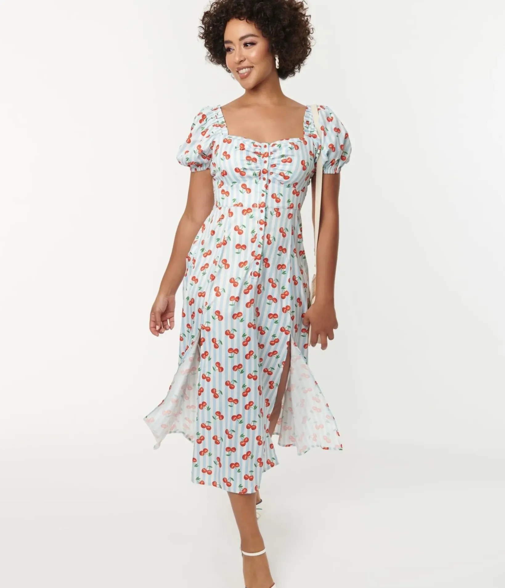 Unique Vintage Maxi>1940s Light Blue Stripe & Cherry Print Midi Dress