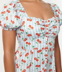 Unique Vintage Maxi>1940s Light Blue Stripe & Cherry Print Midi Dress