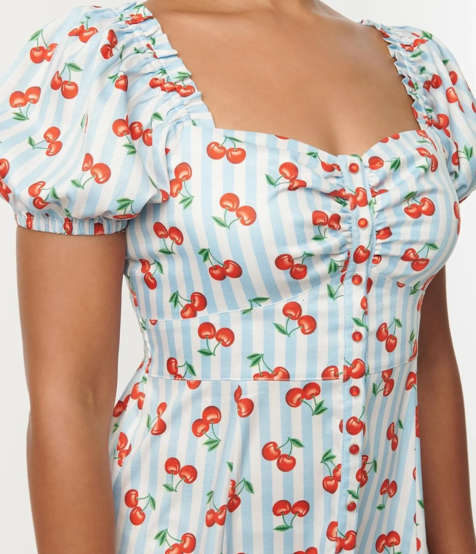 Unique Vintage Maxi>1940s Light Blue Stripe & Cherry Print Midi Dress