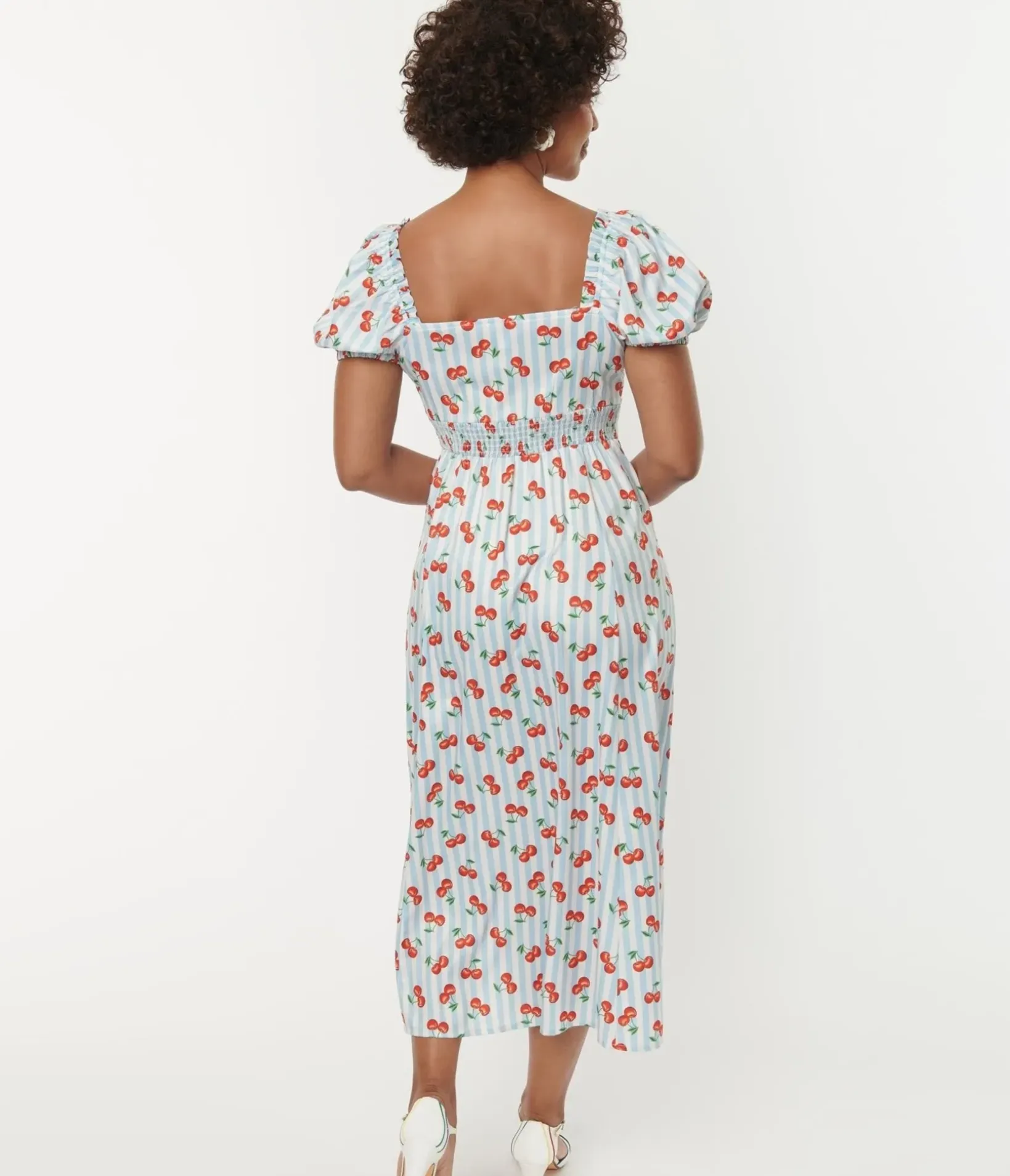 Unique Vintage Maxi>1940s Light Blue Stripe & Cherry Print Midi Dress