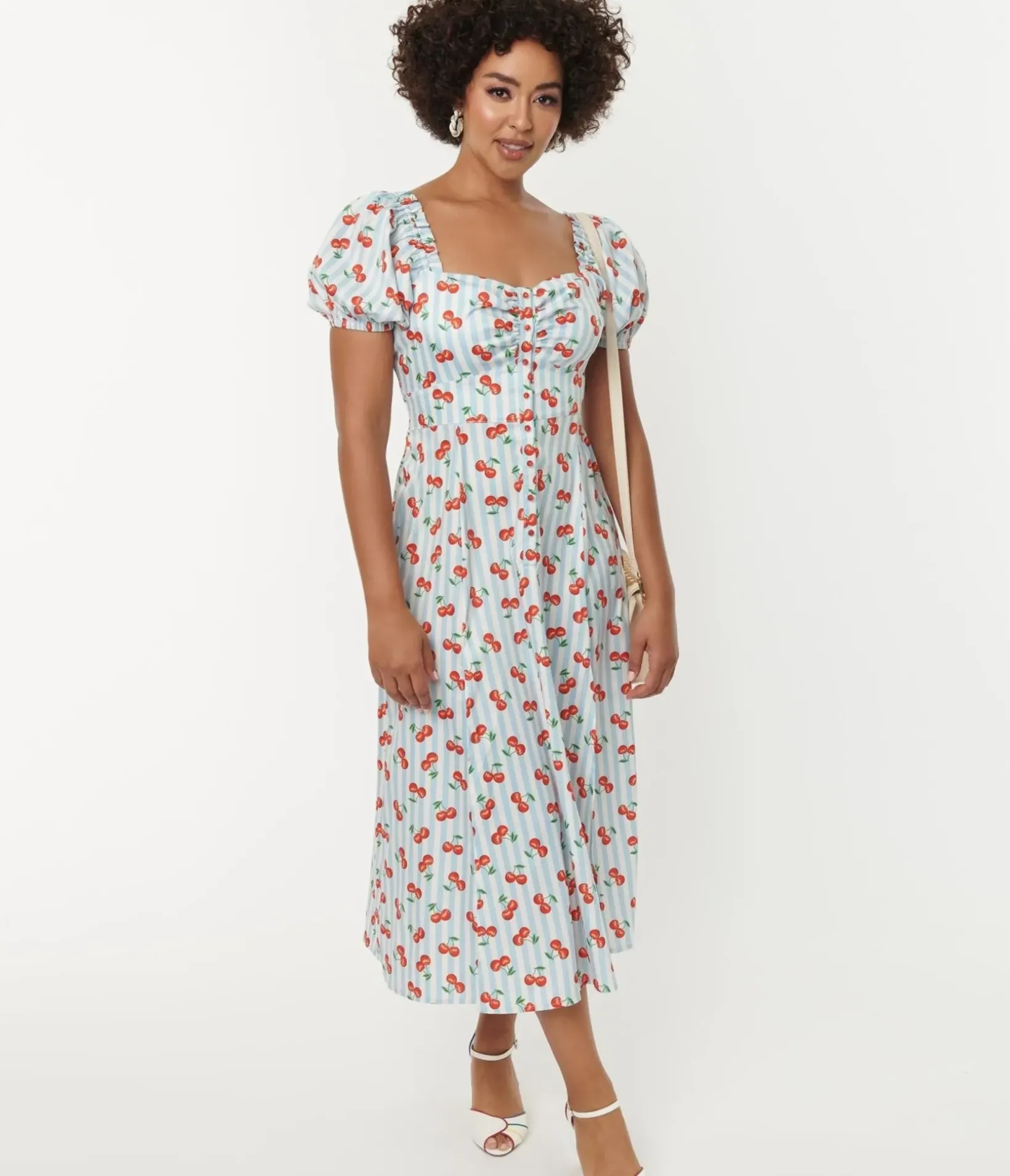 Unique Vintage Maxi>1940s Light Blue Stripe & Cherry Print Midi Dress