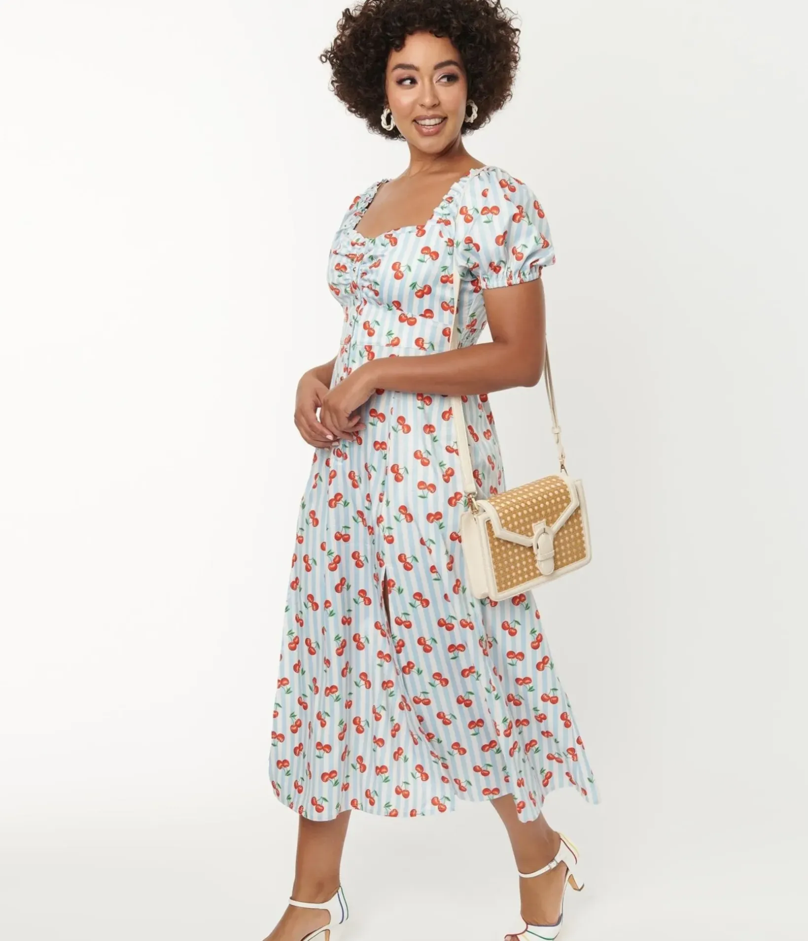 Unique Vintage Maxi>1940s Light Blue Stripe & Cherry Print Midi Dress