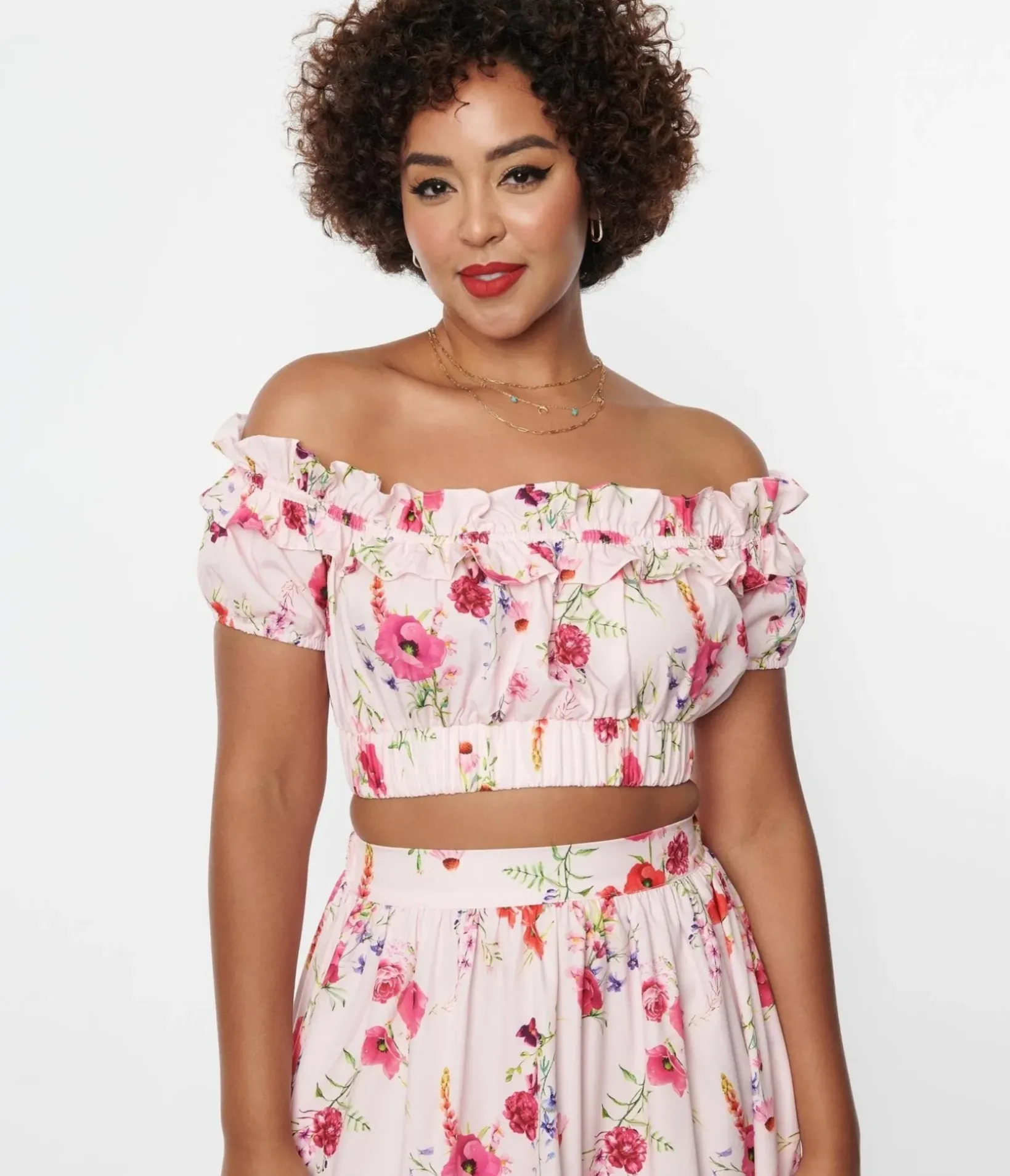 Unique Vintage All Things Pink>1970s Light Pink Floral Ruffle Up Crop Top