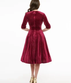 Unique Vintage Swing|Everyday Dresses>1950s Merlot Textured Velvet Delores Swing Dress