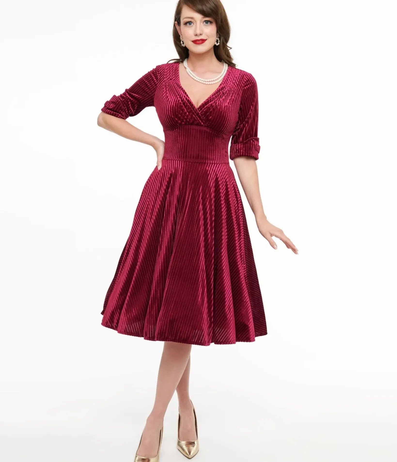 Unique Vintage Swing|Everyday Dresses>1950s Merlot Textured Velvet Delores Swing Dress