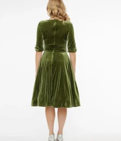 Unique Vintage Swing|Everyday Dresses>1950s Moss Green Velvet Delores Swing Dress