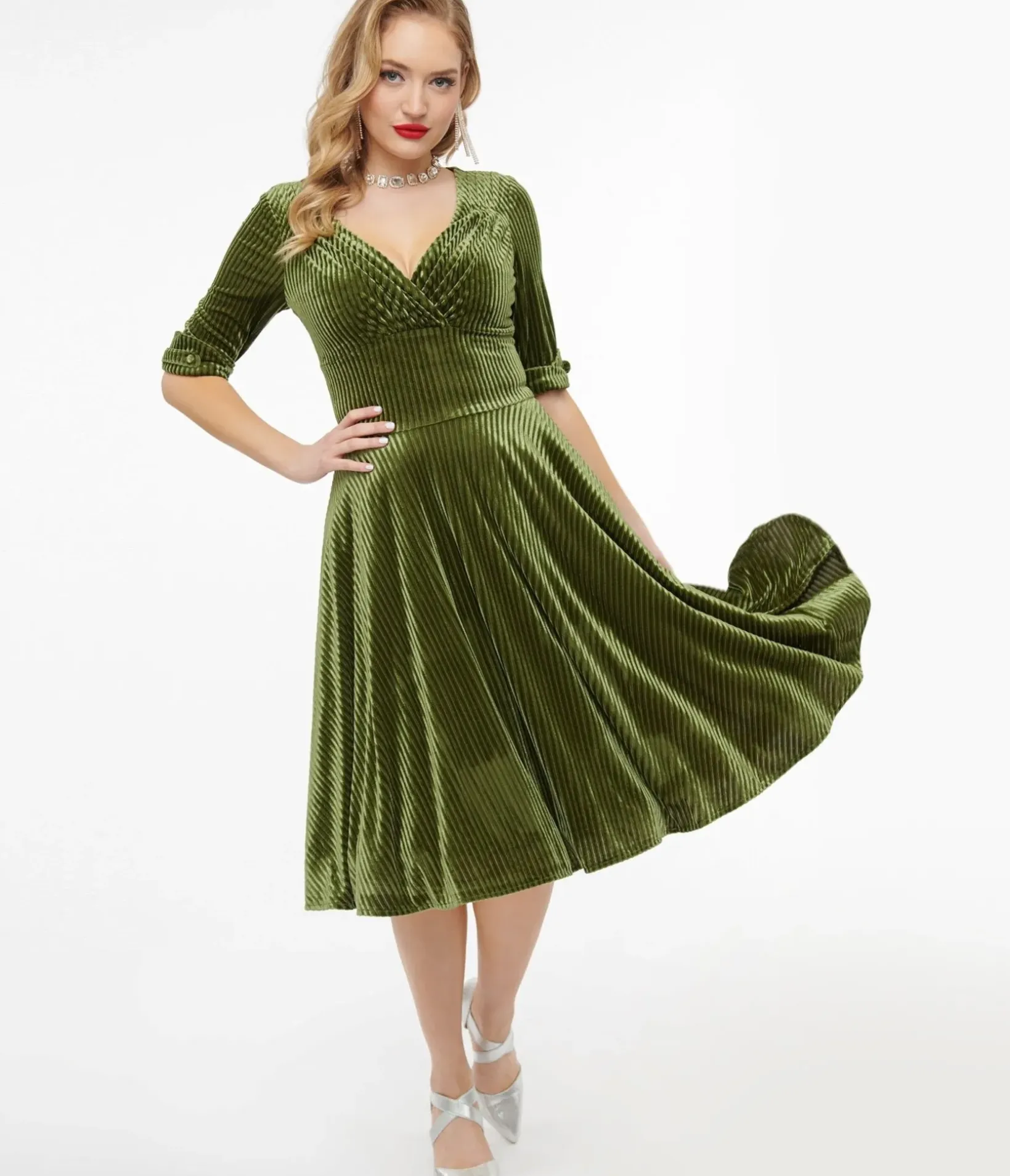 Unique Vintage Swing|Everyday Dresses>1950s Moss Green Velvet Delores Swing Dress