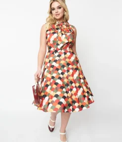 Unique Vintage Swing|Pocket Dresses>1940s Multicolor Scallop Print Ribboned Swing Dress