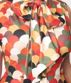 Unique Vintage Swing|Pocket Dresses>1940s Multicolor Scallop Print Ribboned Swing Dress