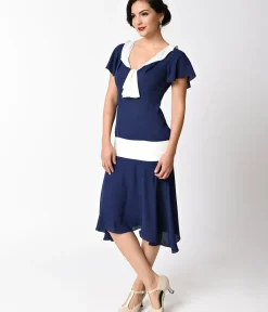Unique Vintage Everyday Dresses|Special Occasion>1920s Navy Blue & Ivory Wilshire Flapper Day Dress