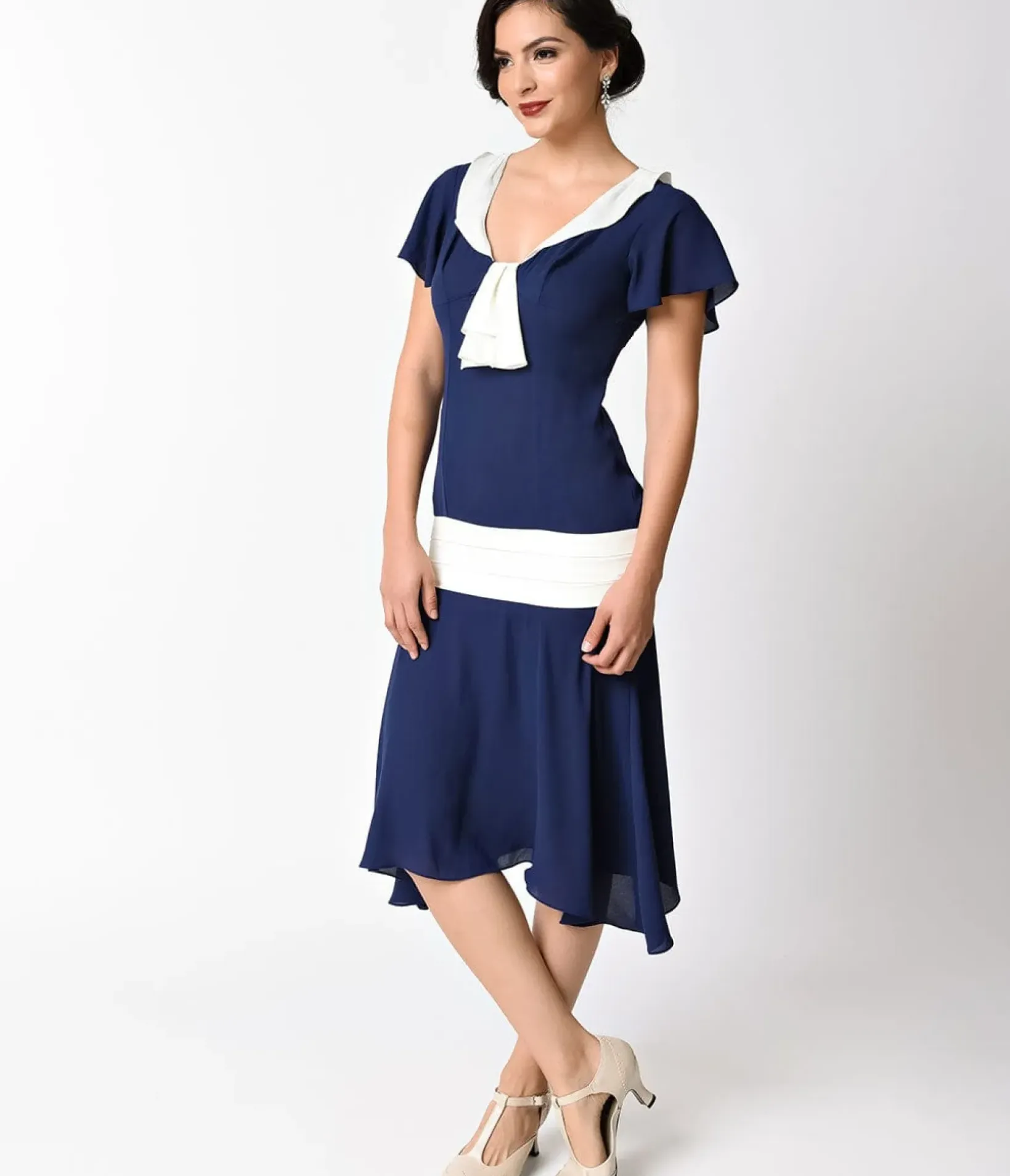 Unique Vintage Everyday Dresses|Special Occasion>1920s Navy Blue & Ivory Wilshire Flapper Day Dress