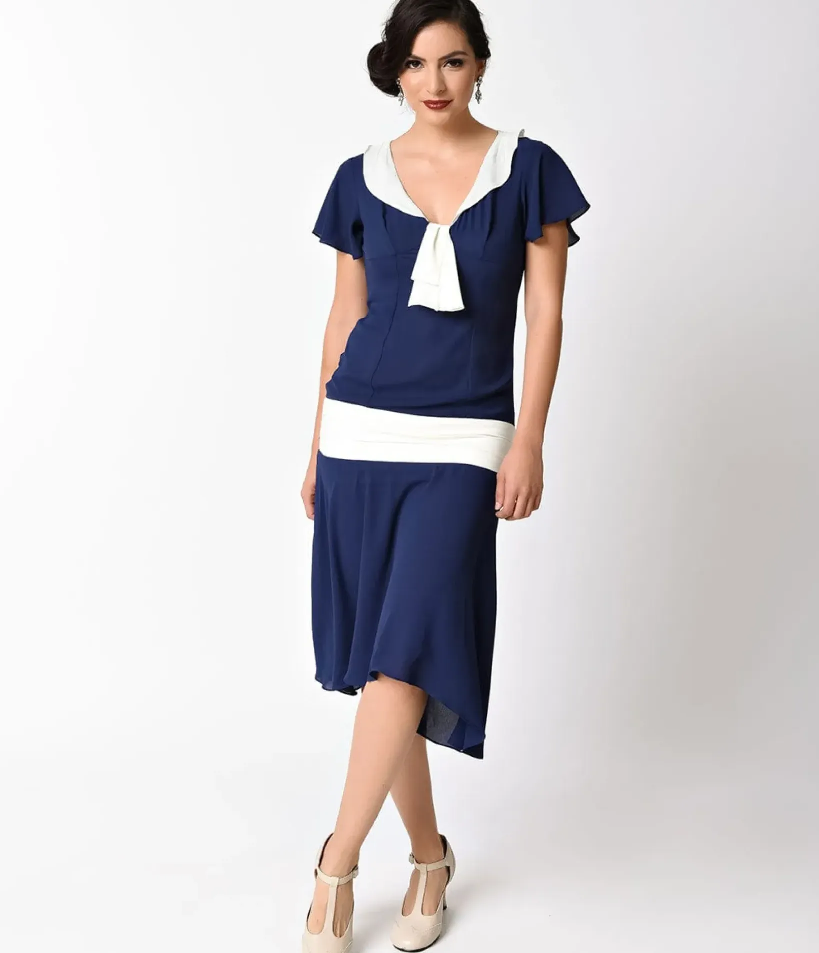Unique Vintage Everyday Dresses|Special Occasion>1920s Navy Blue & Ivory Wilshire Flapper Day Dress