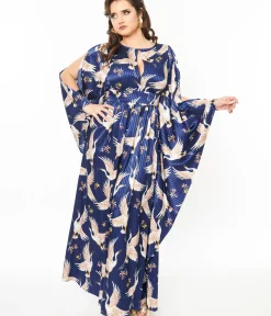 Unique Vintage Maxi|Caftans>1960s Navy Crane Flutter Sleeve Caftan