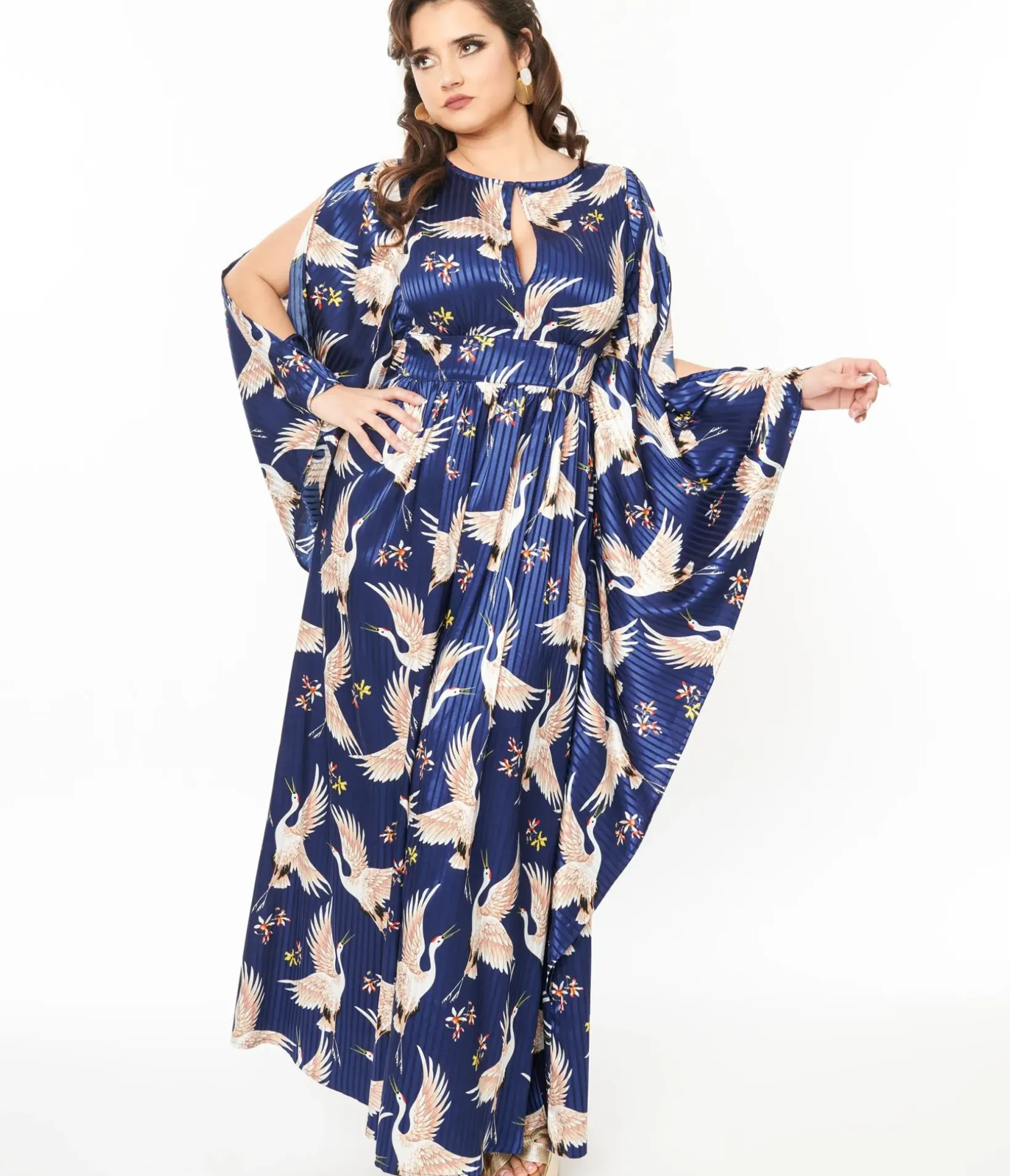 Unique Vintage Maxi|Caftans>1960s Navy Crane Flutter Sleeve Caftan