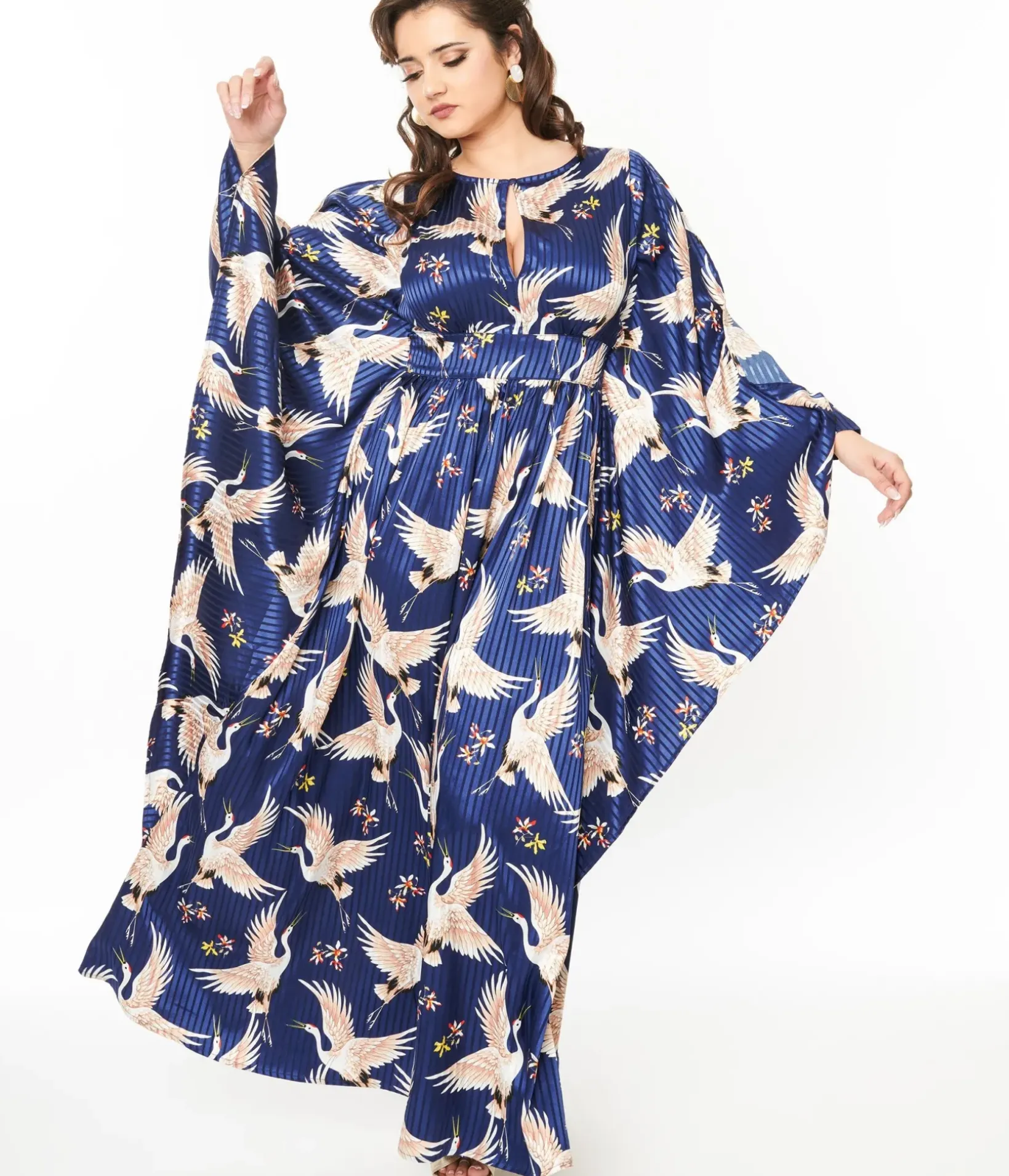 Unique Vintage Maxi|Caftans>1960s Navy Crane Flutter Sleeve Caftan