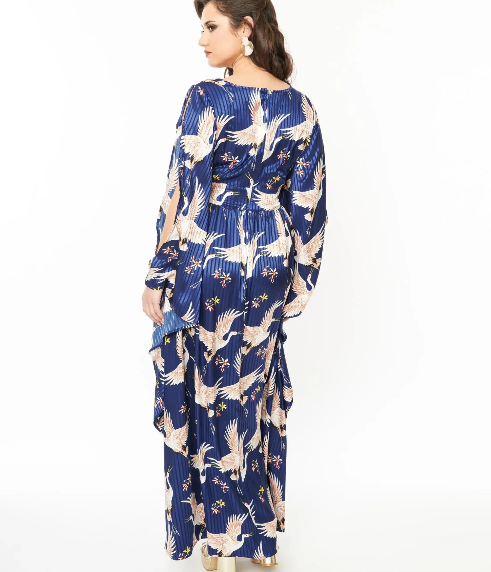 Unique Vintage Maxi|Caftans>1960s Navy Crane Flutter Sleeve Caftan