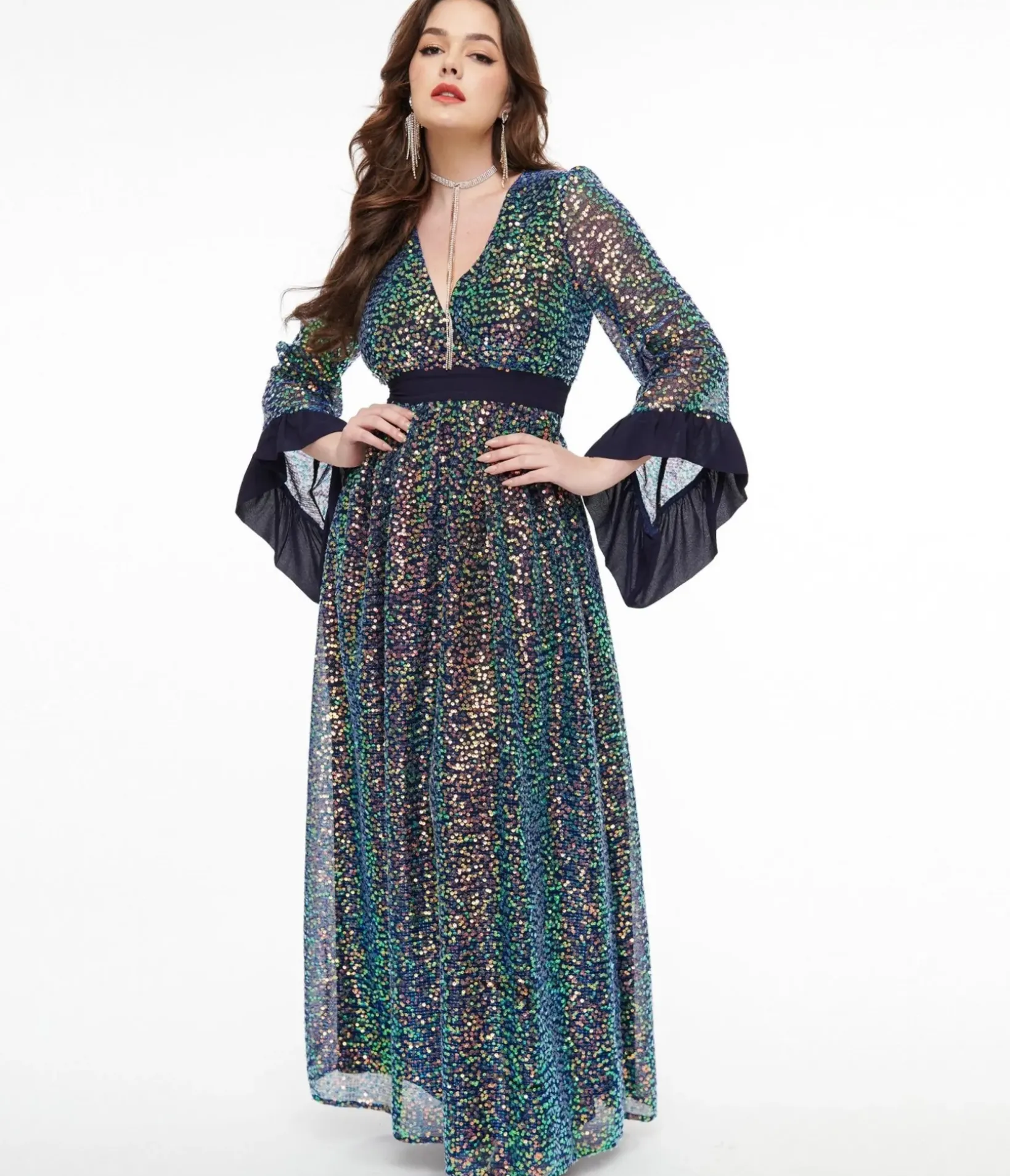 Unique Vintage Maxi|Everyday Dresses>1970s Navy Glitter Sequin Maxi Dress