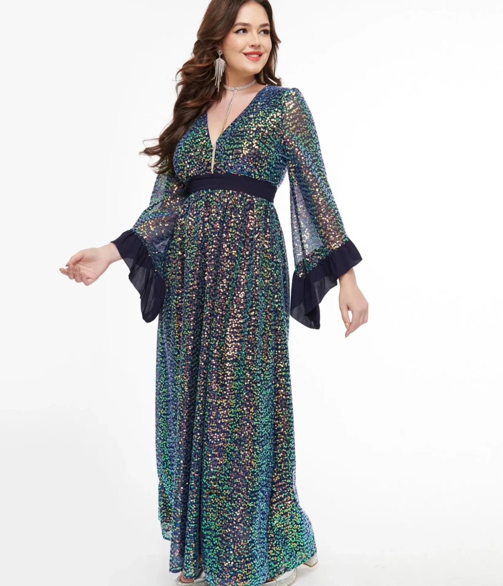 Unique Vintage Maxi|Everyday Dresses>1970s Navy Glitter Sequin Maxi Dress
