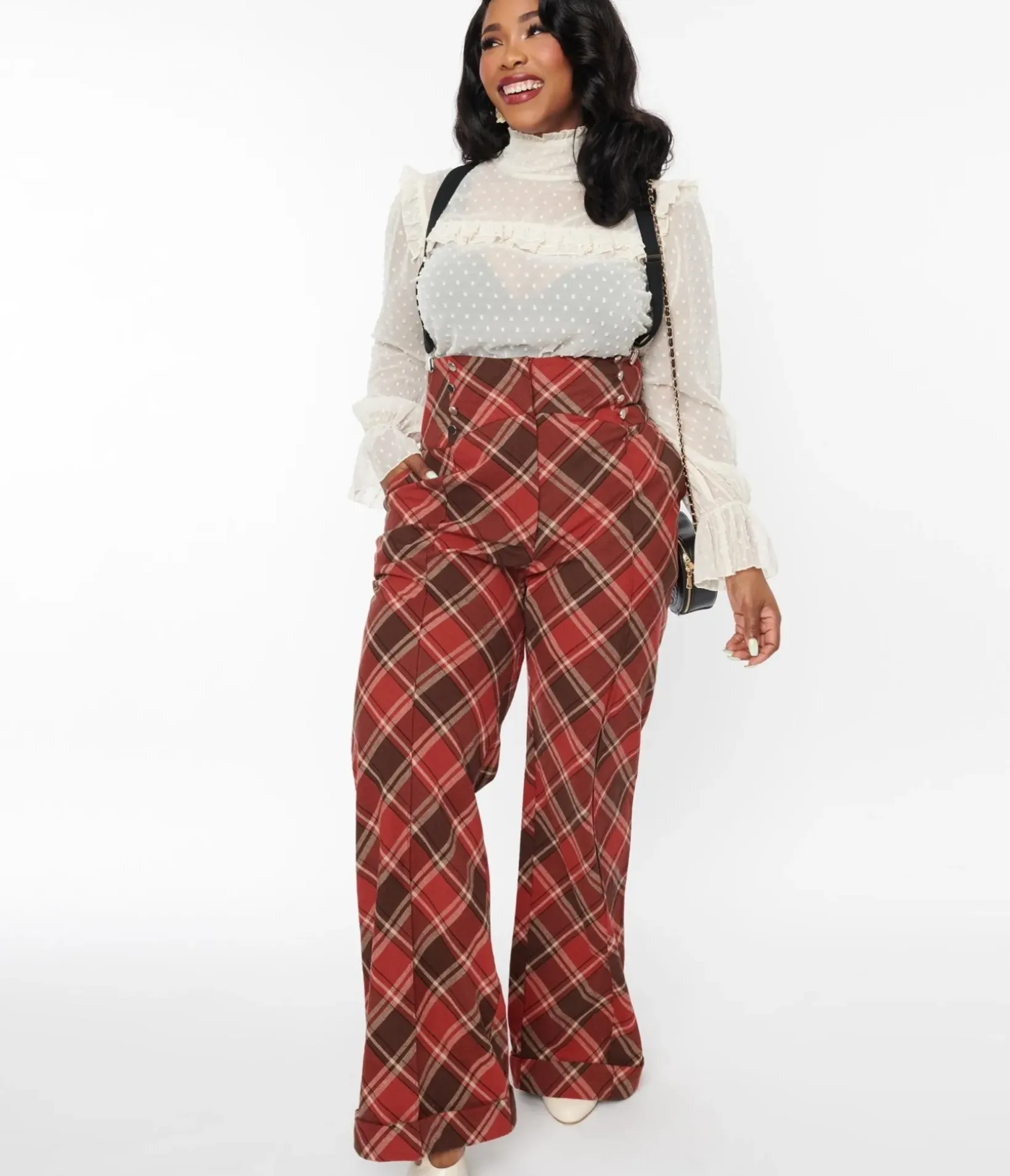 Unique Vintage Pants|Pants>1940s Navy & Orange Plaid High Waist Sailor Ginger Pants