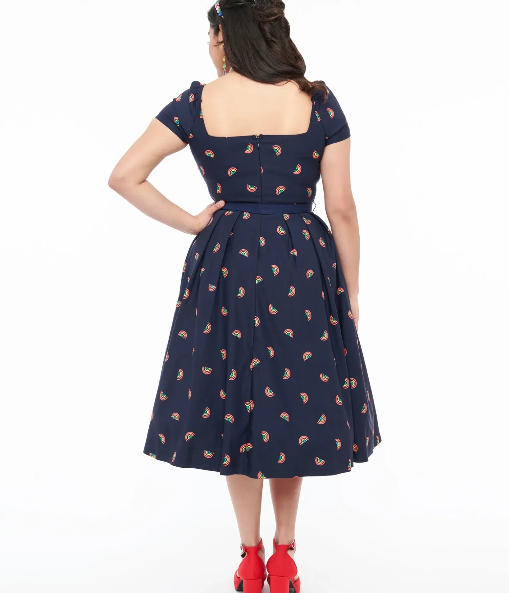 Unique Vintage Swing|Everyday Dresses>1950s Navy & Rainbow Stamp Midge Swing Dress