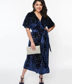 Unique Vintage Midi|Wrap Dresses>1970s Navy & Silver Stars Velvet Wrap Midi Dress