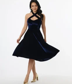Unique Vintage Swing|Fit & Flare>1950s Navy Velvet Criss Cross Halter Rita Flare Dress