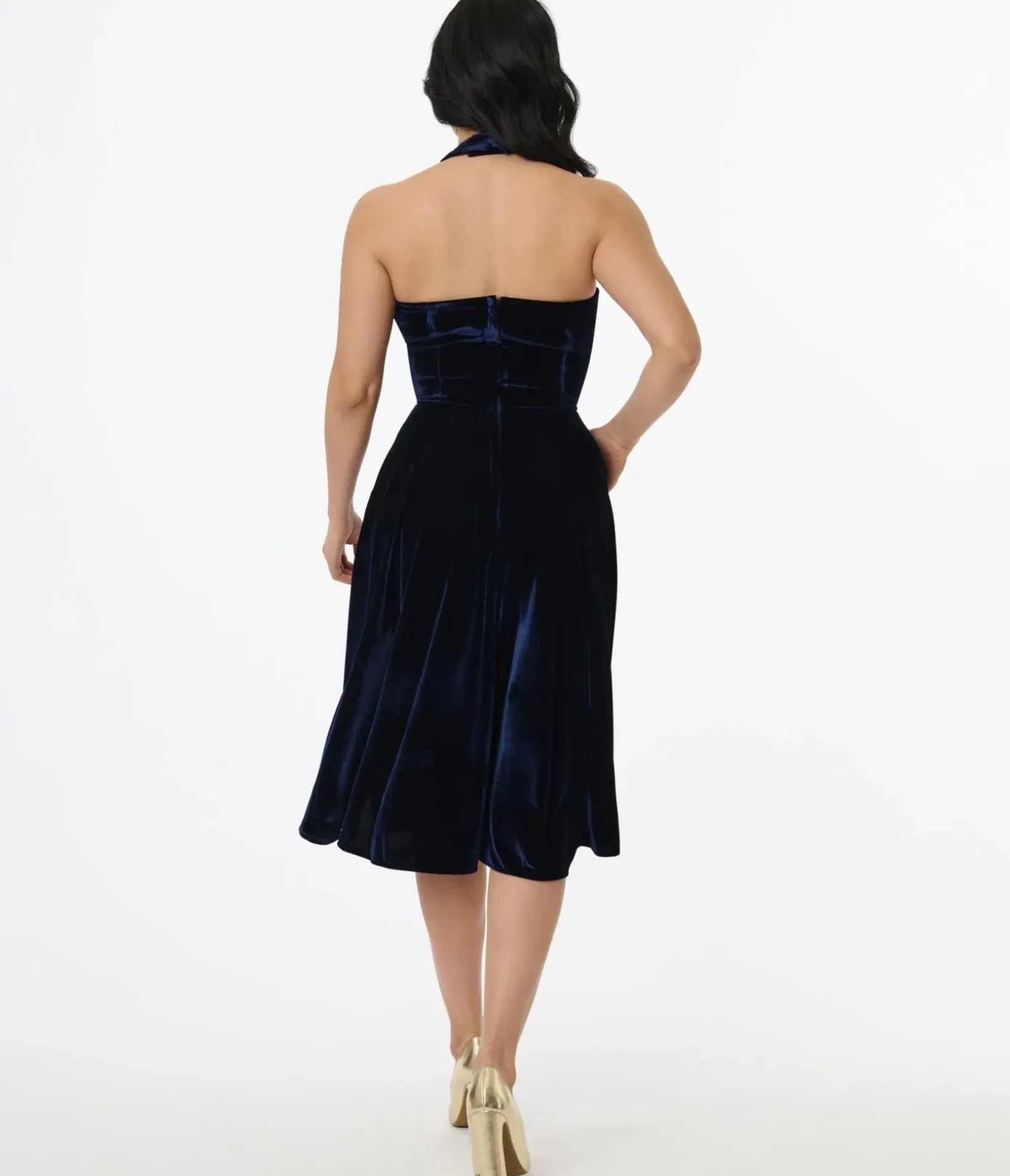 Unique Vintage Swing|Fit & Flare>1950s Navy Velvet Criss Cross Halter Rita Flare Dress