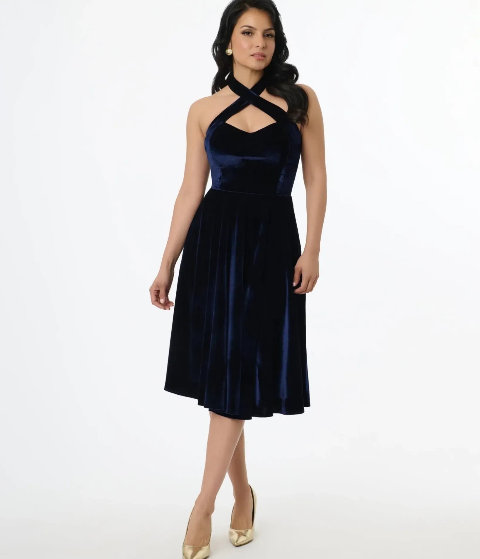 Unique Vintage Swing|Fit & Flare>1950s Navy Velvet Criss Cross Halter Rita Flare Dress