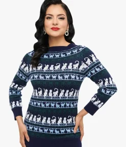 Unique Vintage Sweaters & Cardigans>1940s Navy & White Cat Pattern Lorelai Sweater