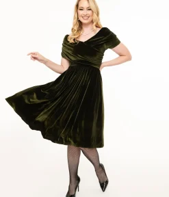 Unique Vintage Swing|Pocket Dresses>1950s Olive Green Shirred Velvet Swing Dress