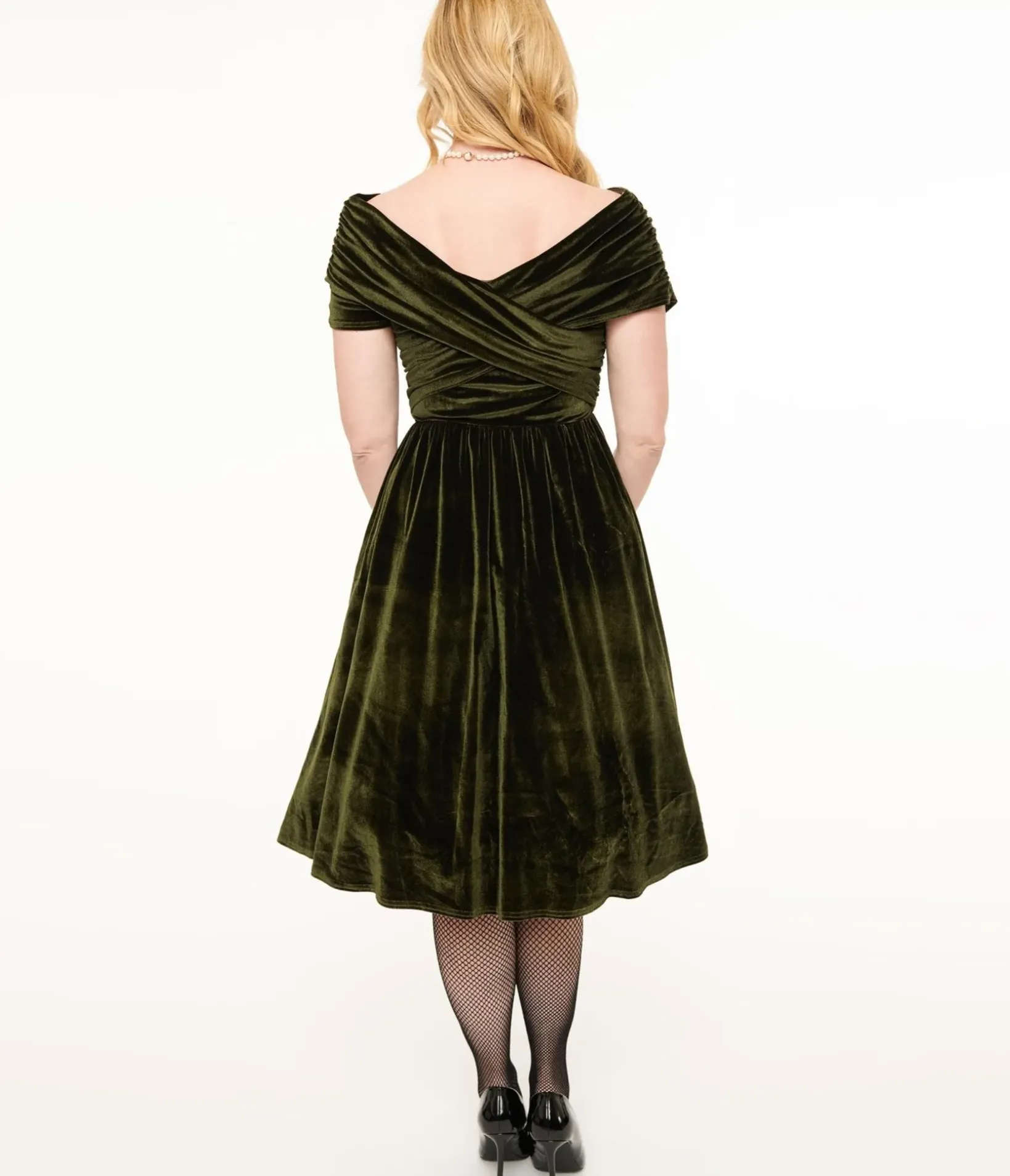 Unique Vintage Swing|Pocket Dresses>1950s Olive Green Shirred Velvet Swing Dress