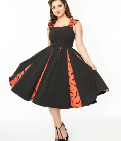 Unique Vintage Swing|Pocket Dresses>1950s Orange & Black Bat Stripe Swing Dress