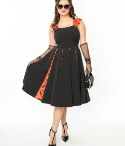 Unique Vintage Swing|Pocket Dresses>1950s Orange & Black Bat Stripe Swing Dress