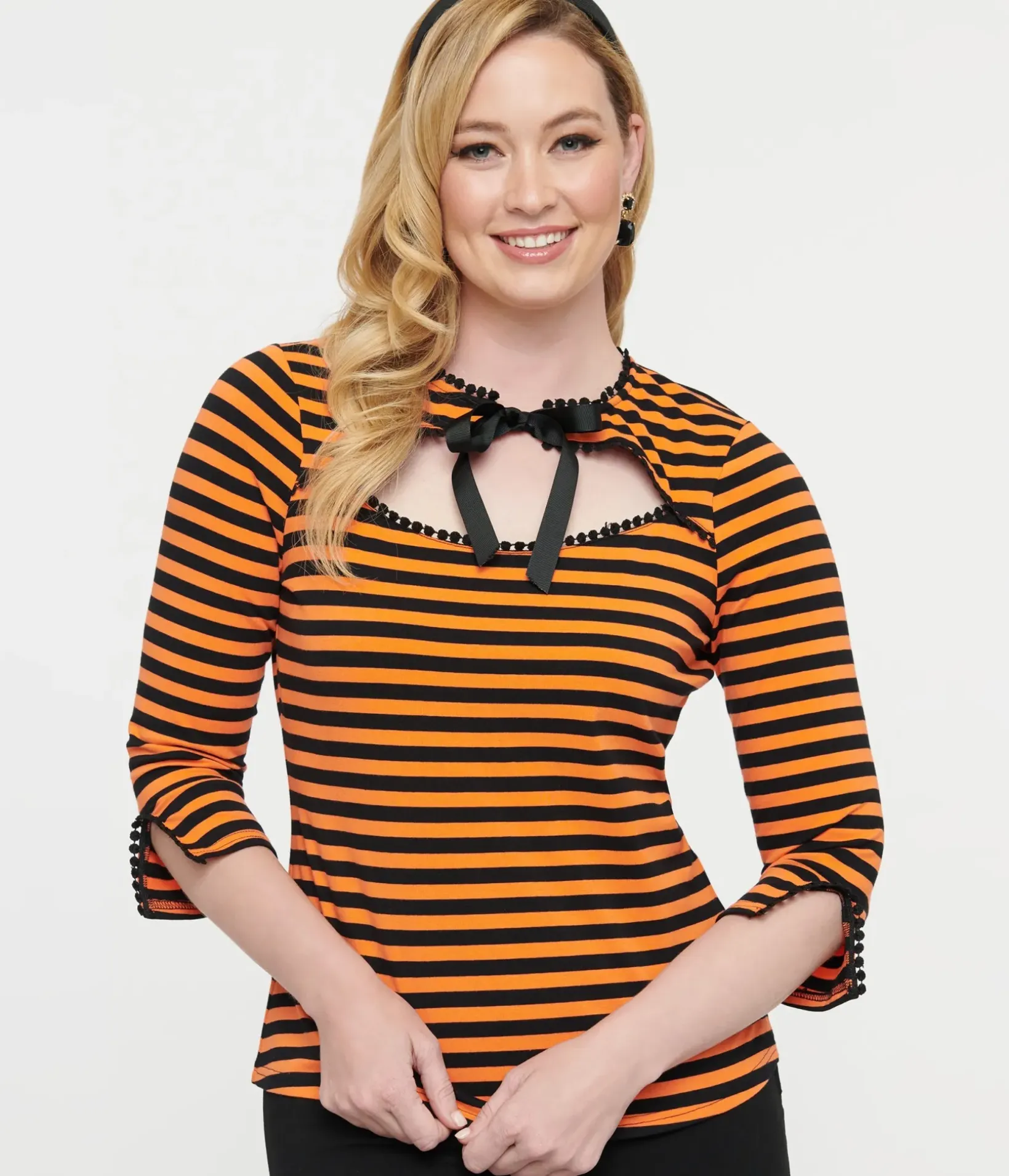 Unique Vintage Halloween>1950s Orange & Black Stripe Cutout Neck Tie Top