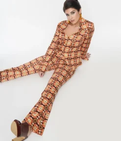 Unique Vintage Pants>1970s Orange & Brown Mosaic Flare Pants