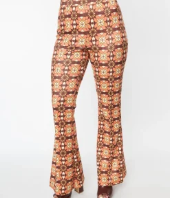 Unique Vintage Pants>1970s Orange & Brown Mosaic Flare Pants
