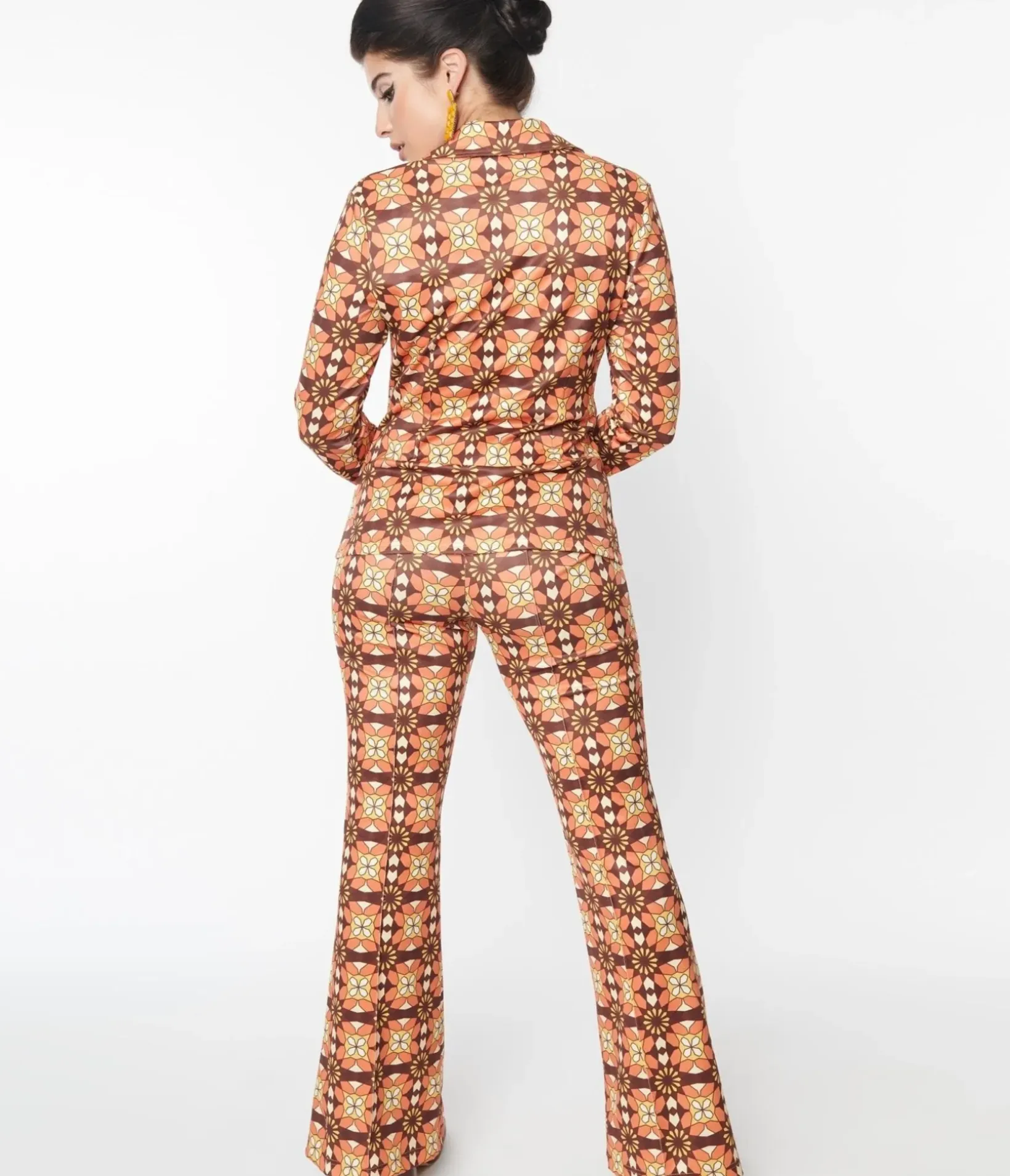 Unique Vintage Pants>1970s Orange & Brown Mosaic Flare Pants