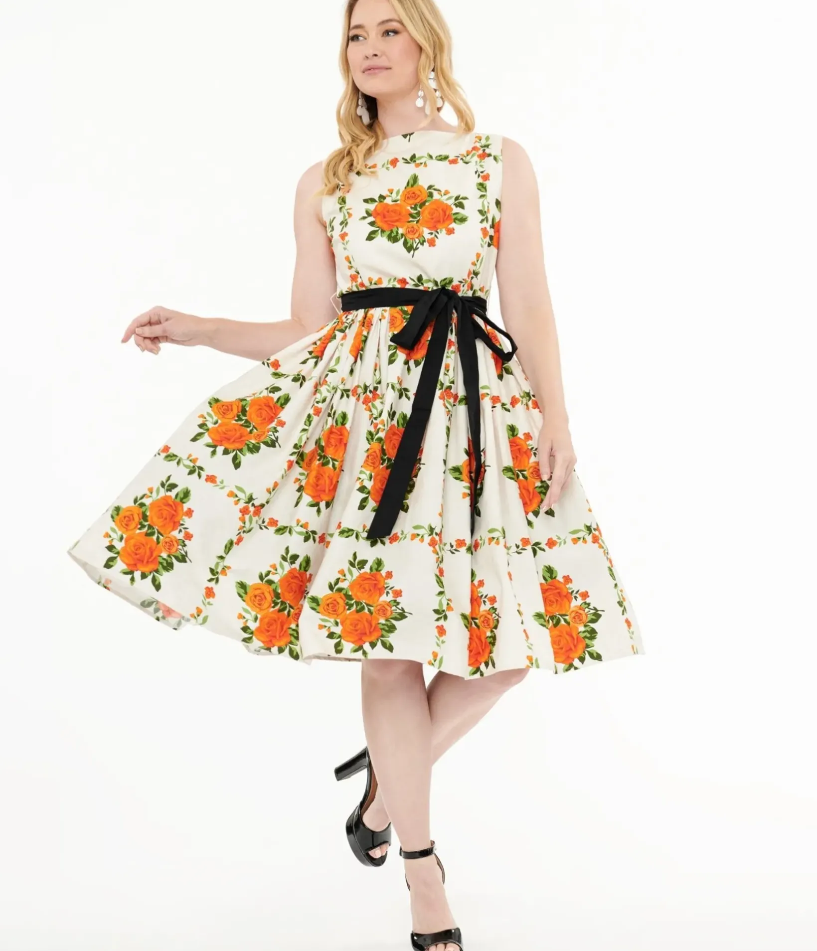 Unique Vintage Swing|Pocket Dresses>1950s Orange Fall Floral Sleeveless Swing Dress