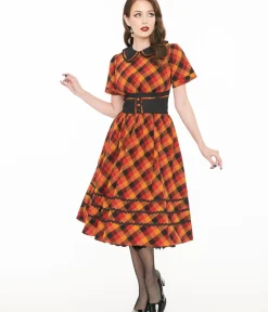 Unique Vintage Swing|Pocket Dresses>1950s Orange & Red Plaid Peter Pan Collar Swing Dress