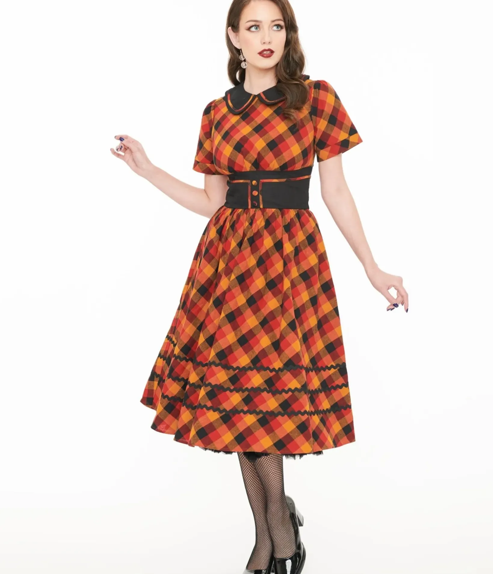 Unique Vintage Swing|Pocket Dresses>1950s Orange & Red Plaid Peter Pan Collar Swing Dress