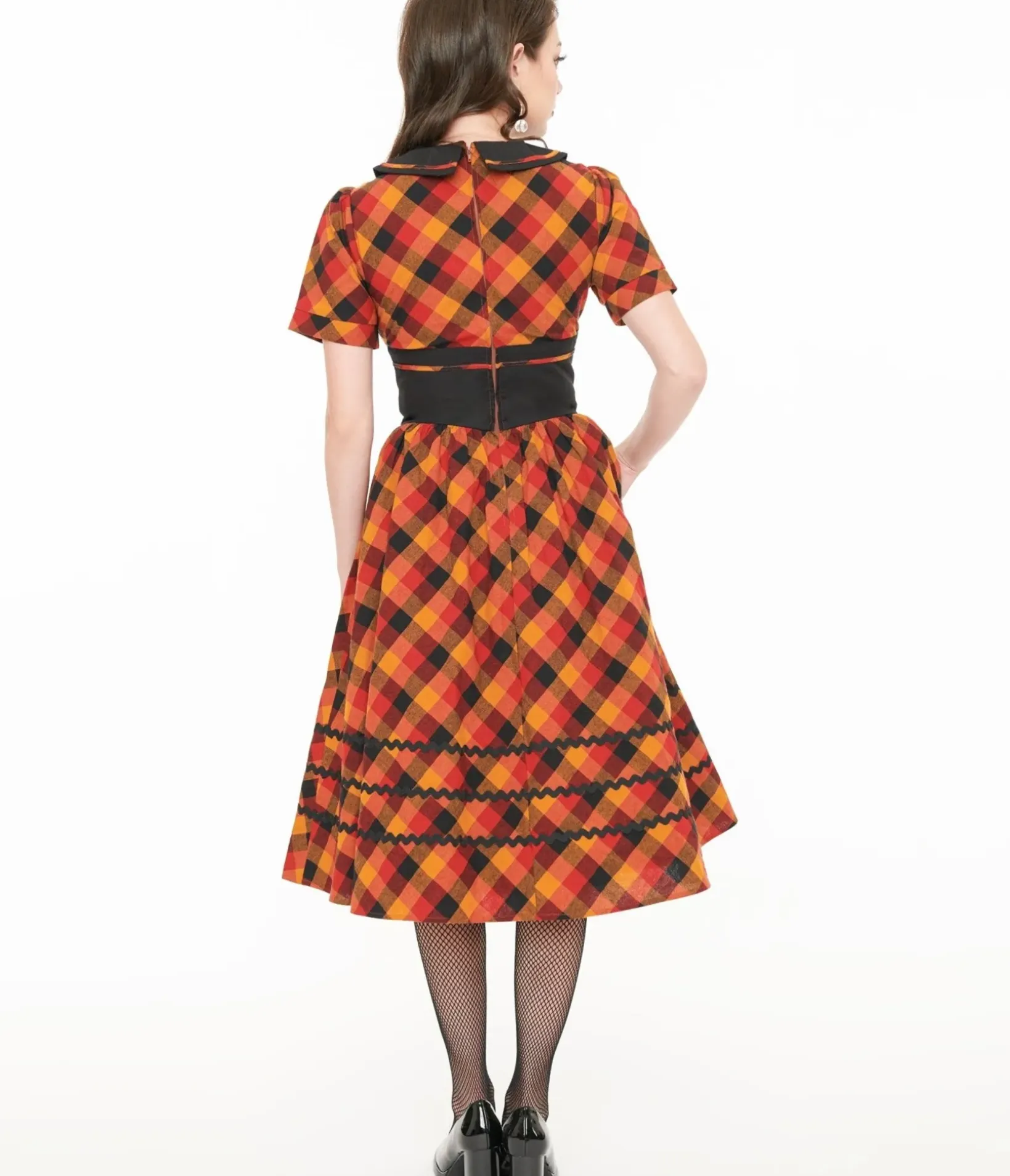 Unique Vintage Swing|Pocket Dresses>1950s Orange & Red Plaid Peter Pan Collar Swing Dress